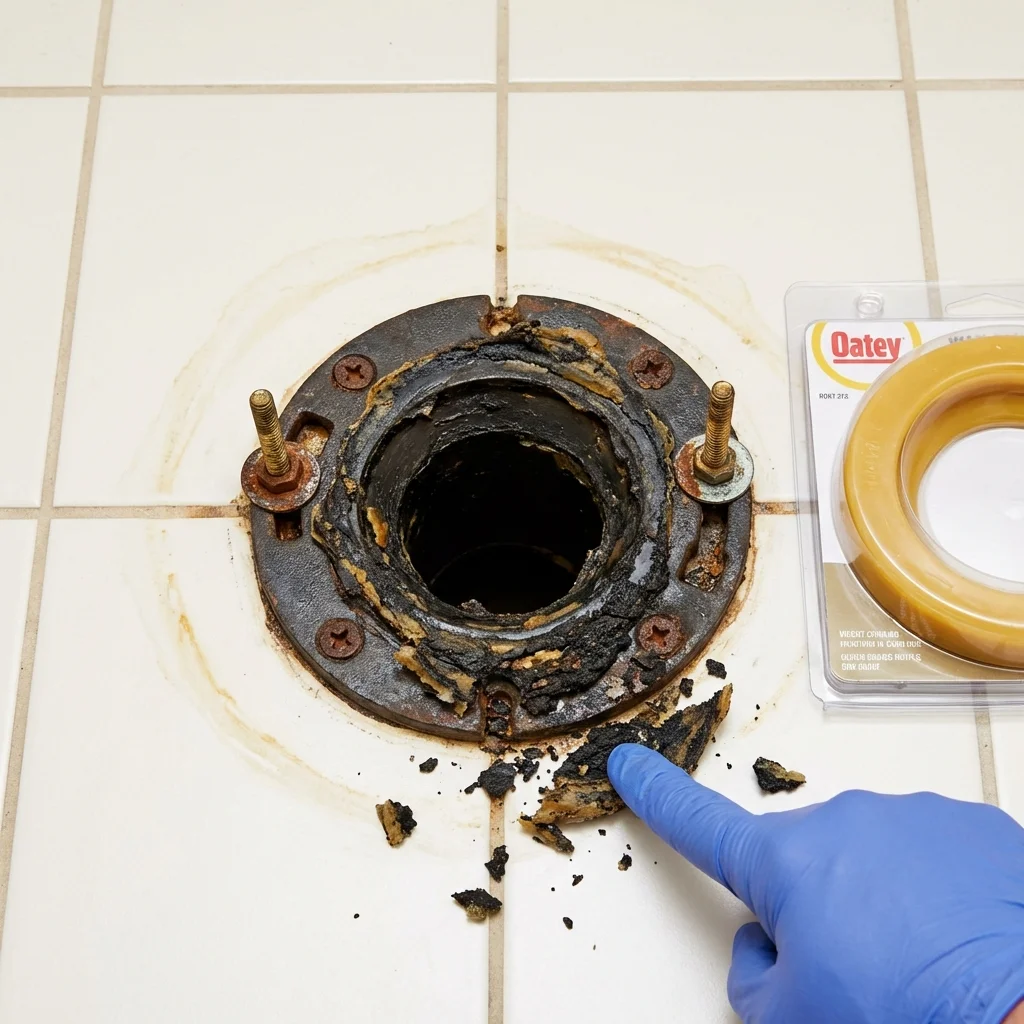 Failed wax ring showing water seepage at the base of a toilet in a Kenansville, NC home